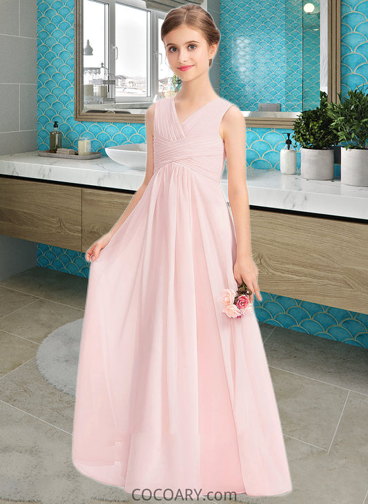 Eliana A-Line V-neck Floor-Length Chiffon Junior Bridesmaid Dress With Ruffle DA8P0013328