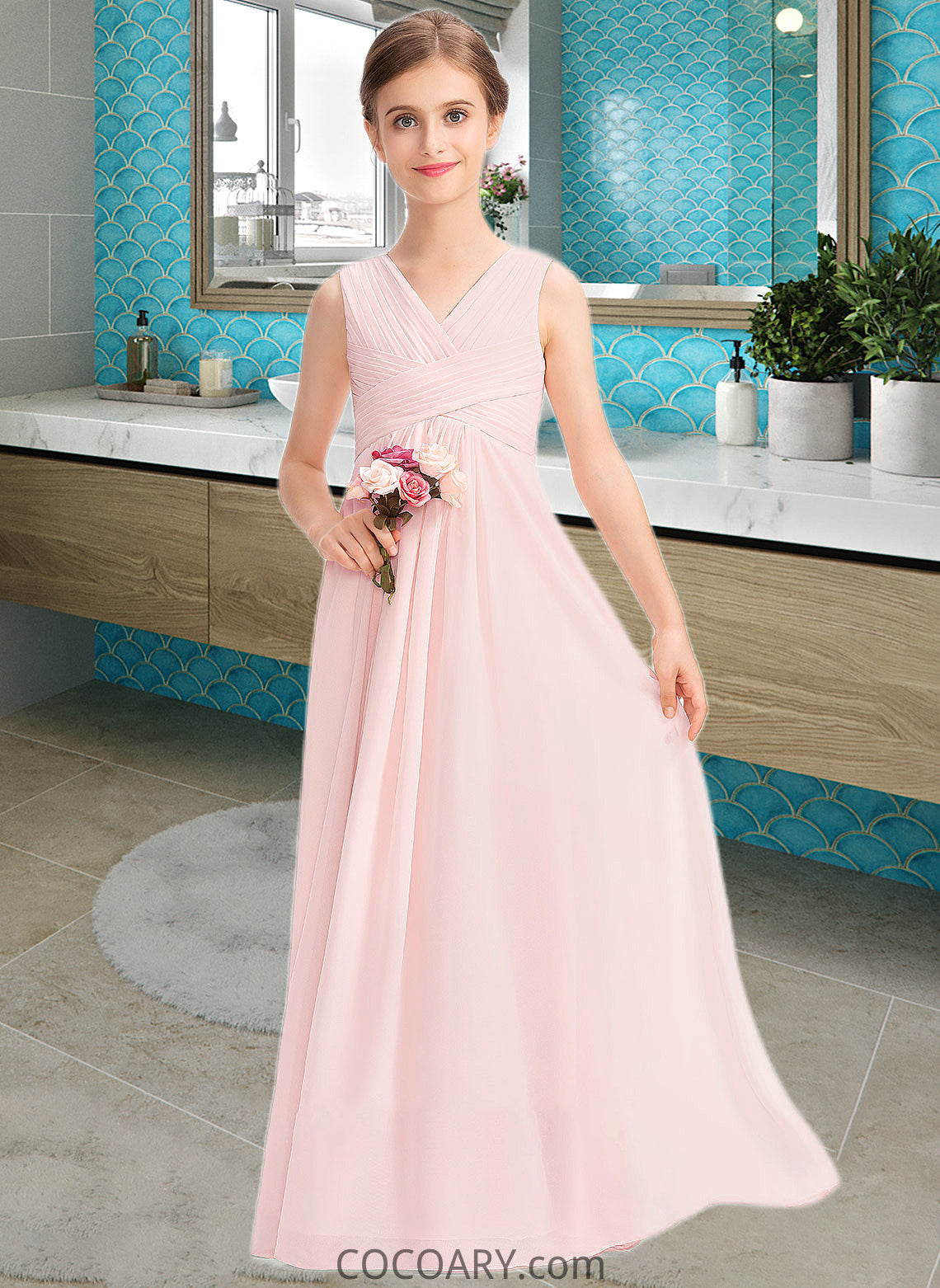 Eliana A-Line V-neck Floor-Length Chiffon Junior Bridesmaid Dress With Ruffle DA8P0013328