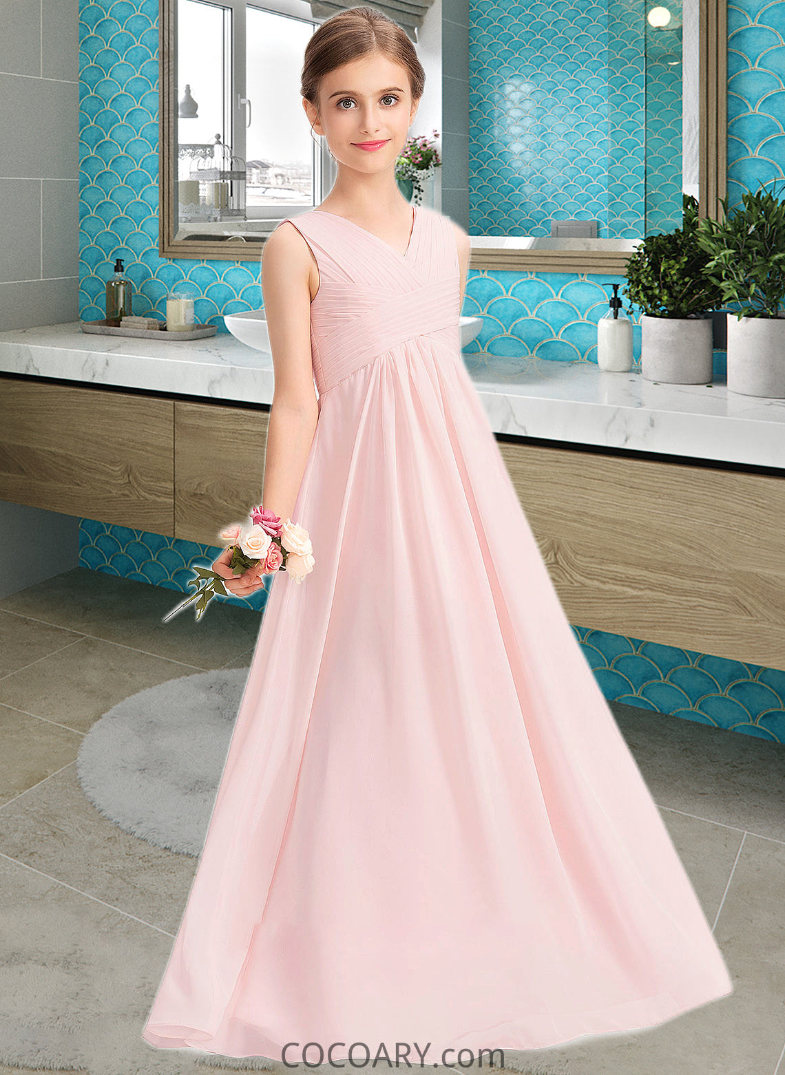 Eliana A-Line V-neck Floor-Length Chiffon Junior Bridesmaid Dress With Ruffle DA8P0013328