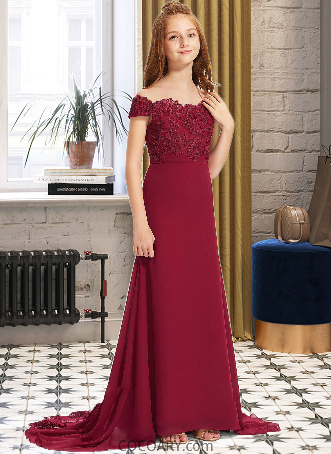 Averie Trumpet/Mermaid Off-the-Shoulder Court Train Chiffon Lace Junior Bridesmaid Dress DA8P0013330