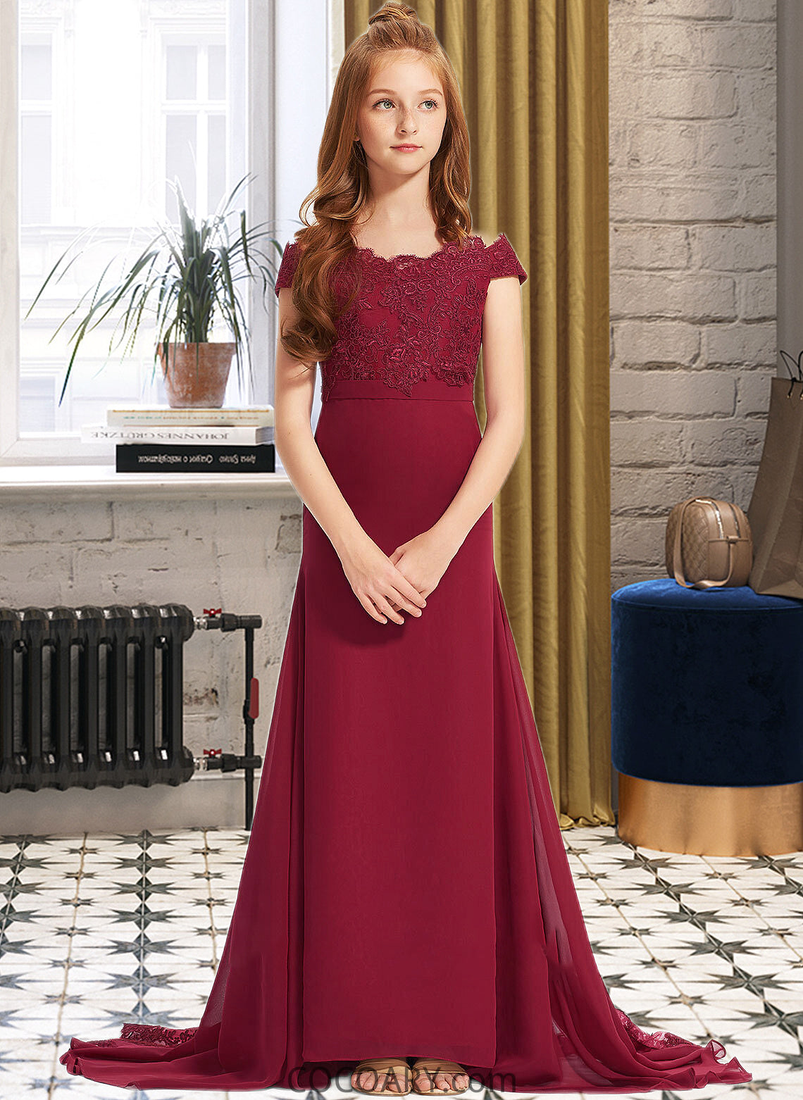 Averie Trumpet/Mermaid Off-the-Shoulder Court Train Chiffon Lace Junior Bridesmaid Dress DA8P0013330