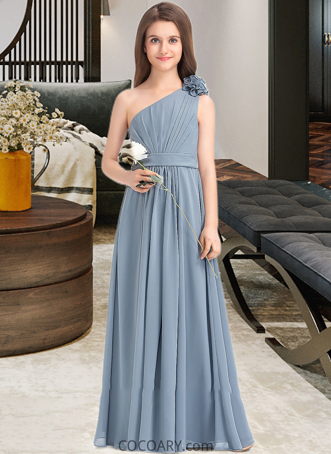 Hailey A-Line One-Shoulder Floor-Length Chiffon Junior Bridesmaid Dress With Ruffle Flower(s) DA8P0013332