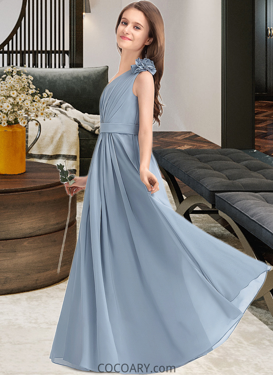 Hailey A-Line One-Shoulder Floor-Length Chiffon Junior Bridesmaid Dress With Ruffle Flower(s) DA8P0013332