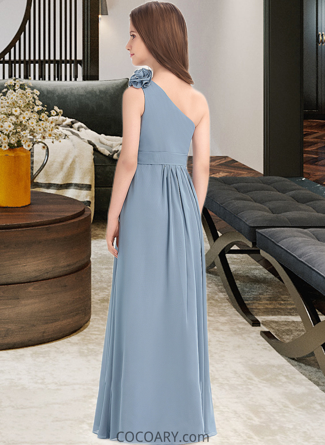 Hailey A-Line One-Shoulder Floor-Length Chiffon Junior Bridesmaid Dress With Ruffle Flower(s) DA8P0013332