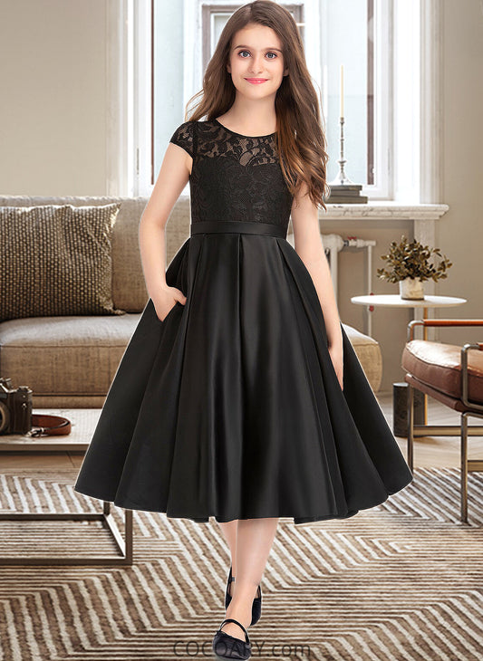 Maeve A-Line Scoop Neck Knee-Length Satin Lace Junior Bridesmaid Dress With Pockets DA8P0013335