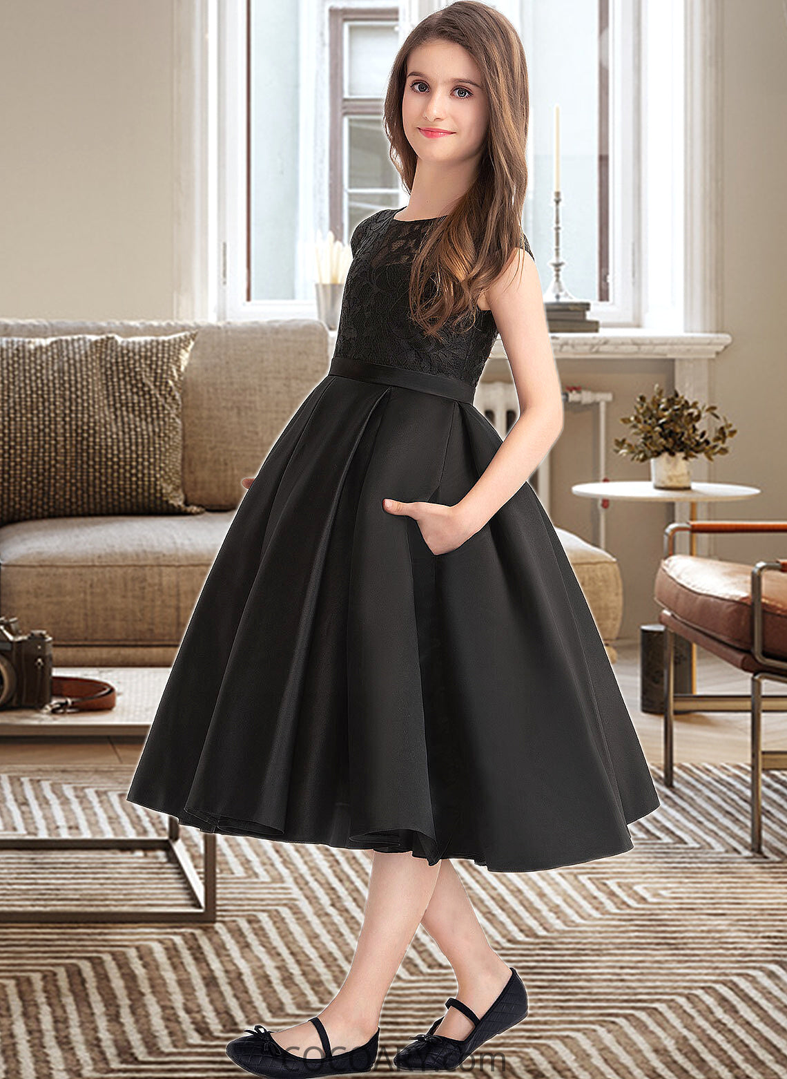 Maeve A-Line Scoop Neck Knee-Length Satin Lace Junior Bridesmaid Dress With Pockets DA8P0013335