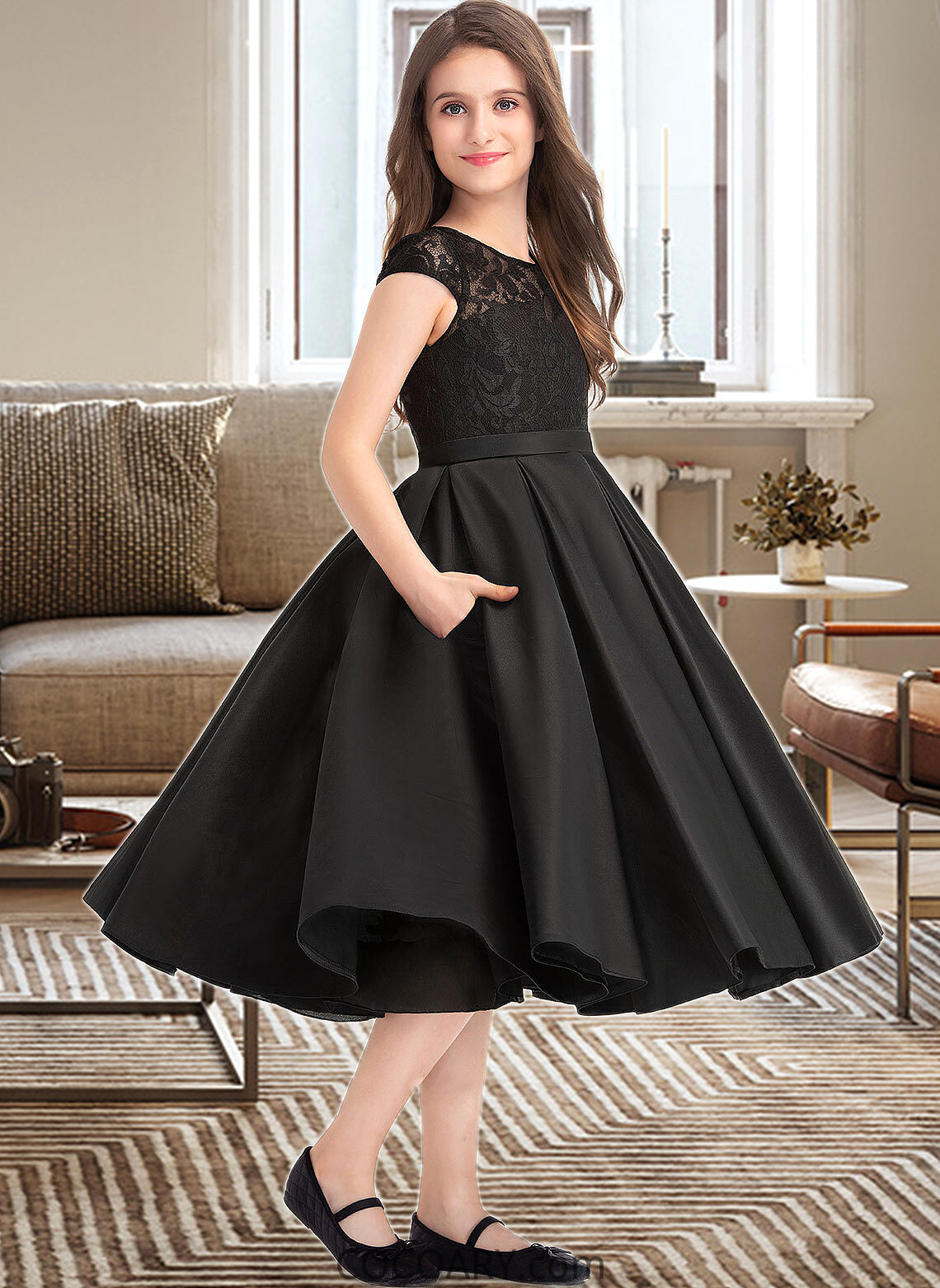 Maeve A-Line Scoop Neck Knee-Length Satin Lace Junior Bridesmaid Dress With Pockets DA8P0013335