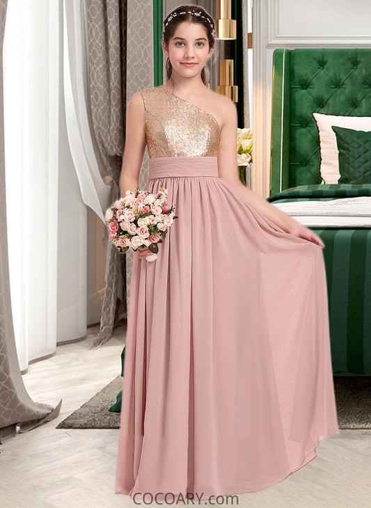 Cherish A-Line One-Shoulder Floor-Length Chiffon Junior Bridesmaid Dress With Ruffle DA8P0013340