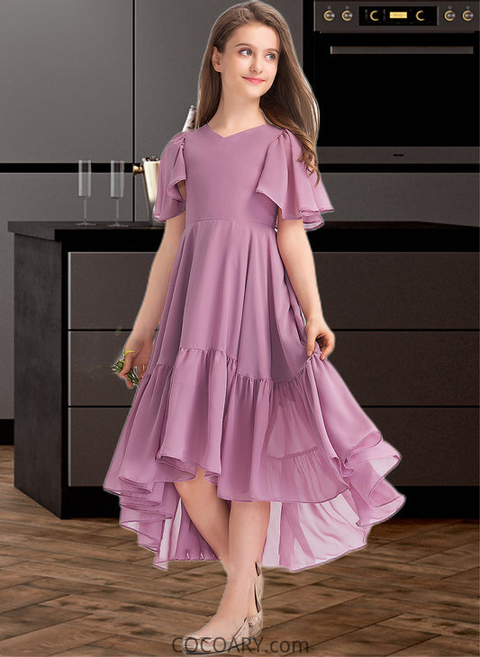 Sibyl A-Line V-neck Asymmetrical Chiffon Junior Bridesmaid Dress With Cascading Ruffles DA8P0013342