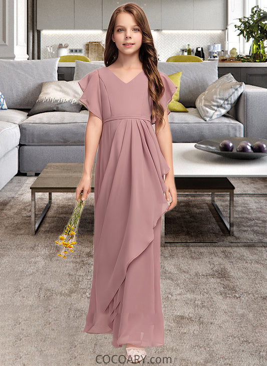 Pancy A-Line V-neck Floor-Length Chiffon Junior Bridesmaid Dress With Cascading Ruffles DA8P0013343