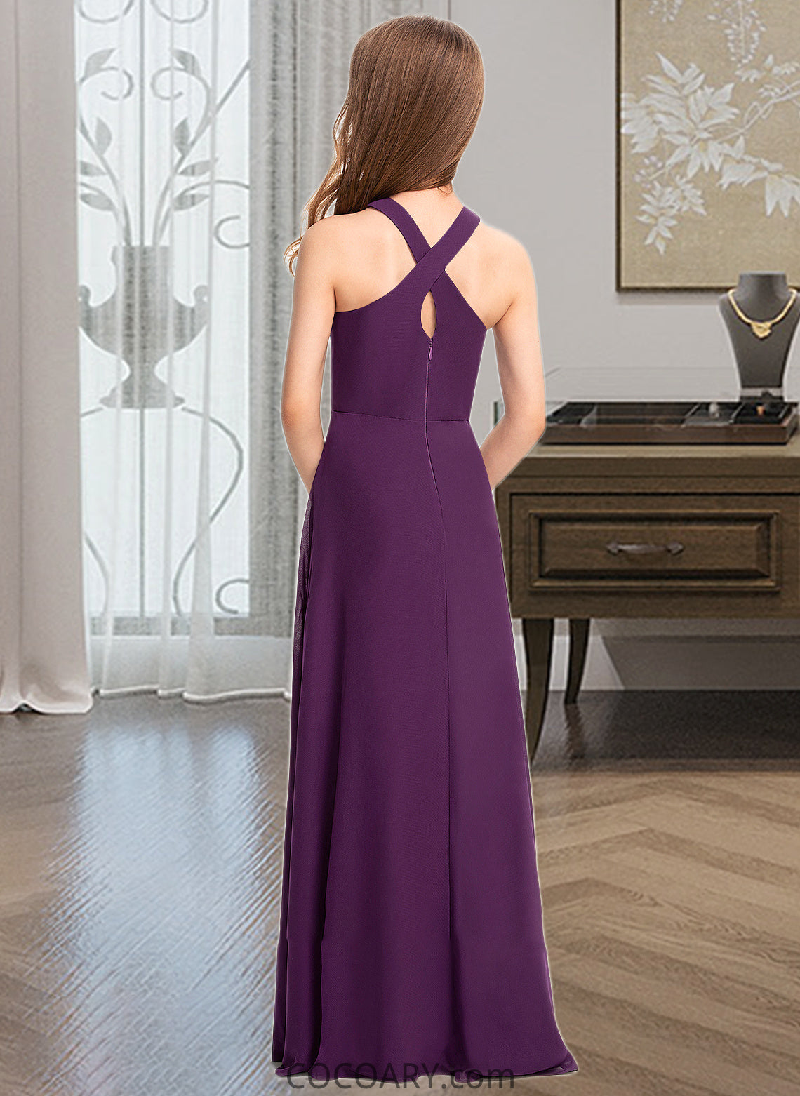 Sally A-Line V-neck Floor-Length Chiffon Junior Bridesmaid Dress DA8P0013346