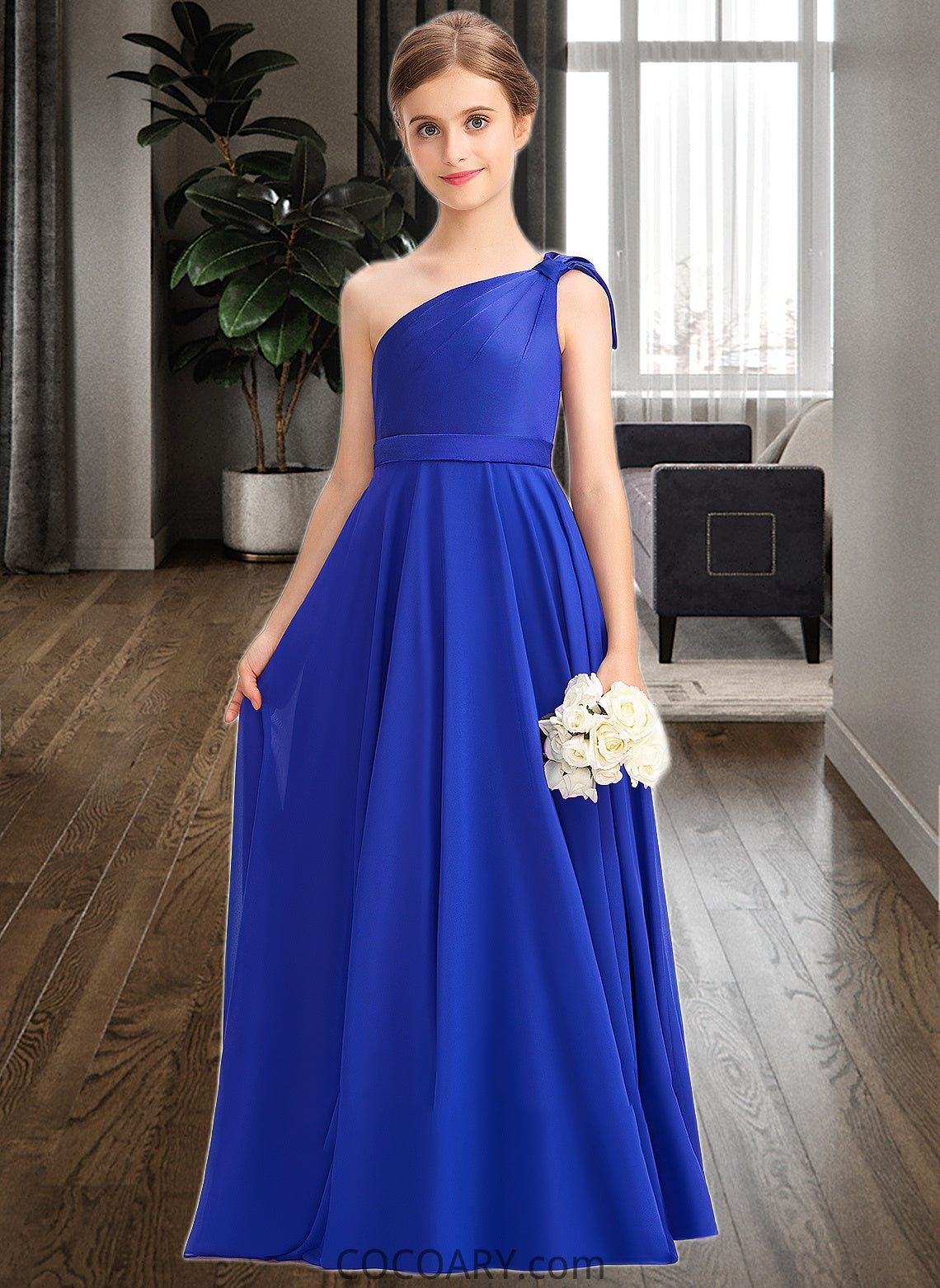 Emma A-Line One-Shoulder Floor-Length Chiffon Charmeuse Junior Bridesmaid Dress With Ruffle DA8P0013347