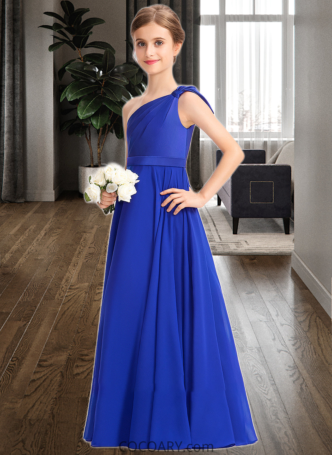 Emma A-Line One-Shoulder Floor-Length Chiffon Charmeuse Junior Bridesmaid Dress With Ruffle DA8P0013347