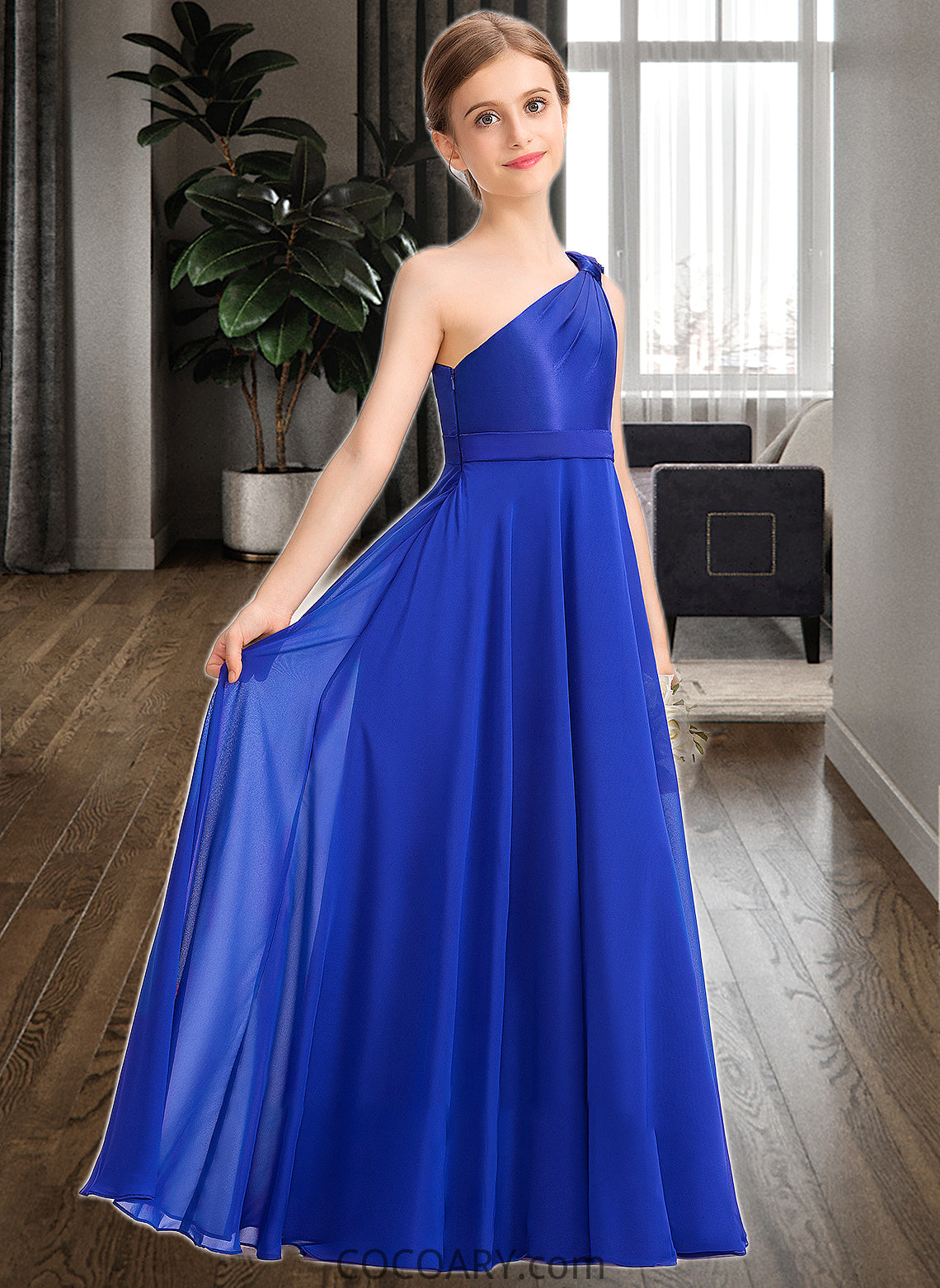 Emma A-Line One-Shoulder Floor-Length Chiffon Charmeuse Junior Bridesmaid Dress With Ruffle DA8P0013347