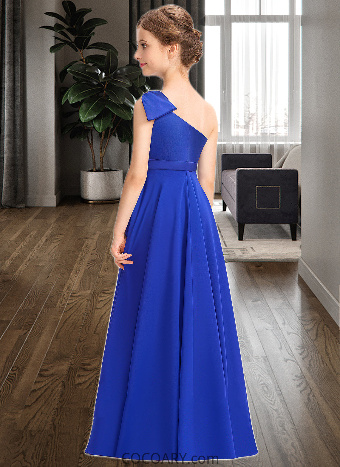 Emma A-Line One-Shoulder Floor-Length Chiffon Charmeuse Junior Bridesmaid Dress With Ruffle DA8P0013347