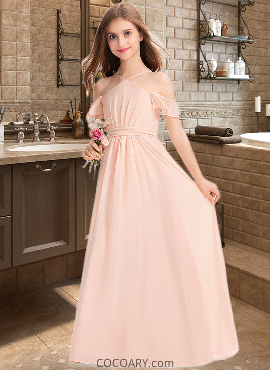 Yazmin A-Line V-neck Floor-Length Chiffon Junior Bridesmaid Dress With Ruffle Bow(s) DA8P0013349