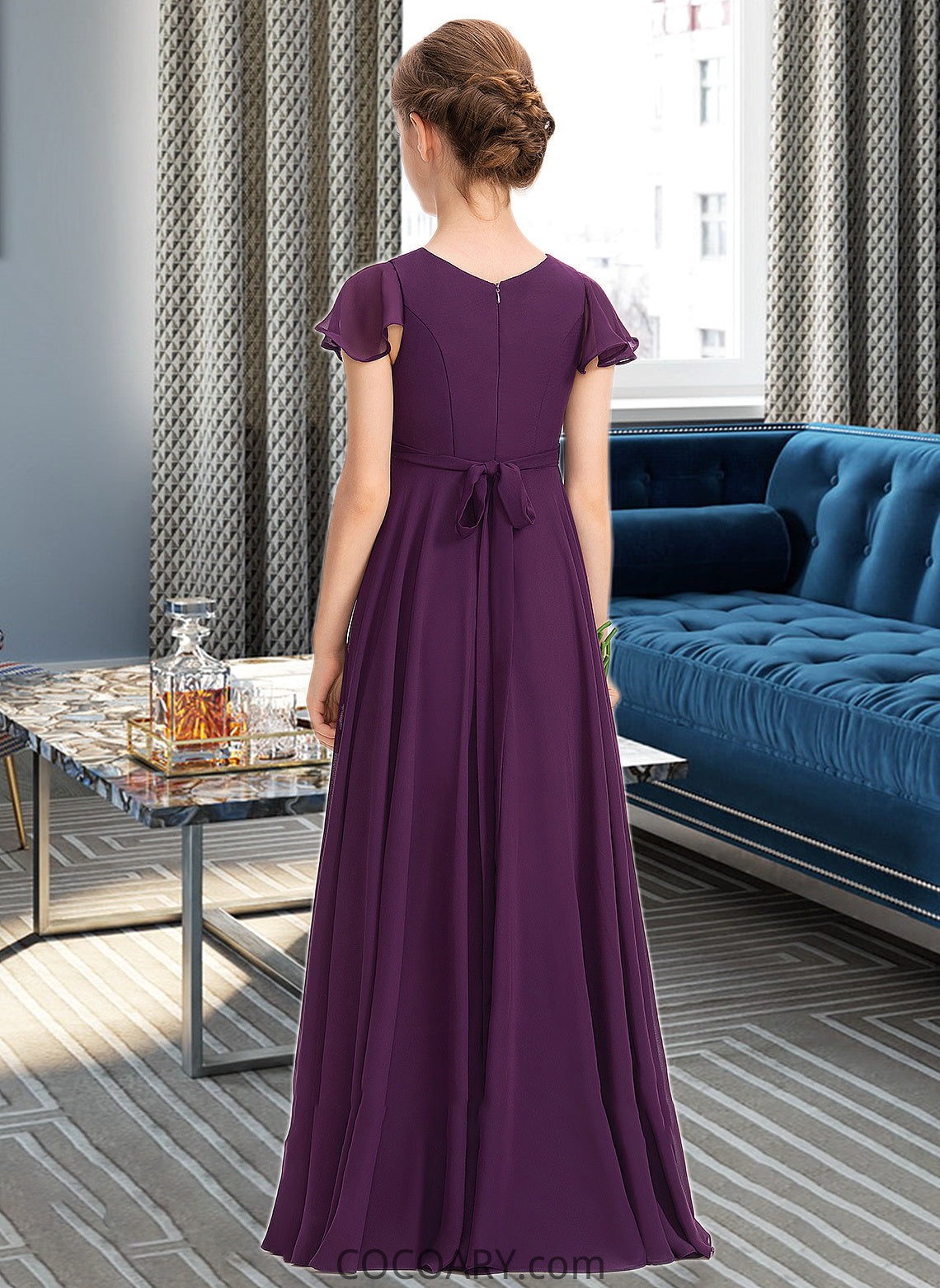 Ana A-Line V-neck Floor-Length Chiffon Junior Bridesmaid Dress With Bow(s) Cascading Ruffles DA8P0013355