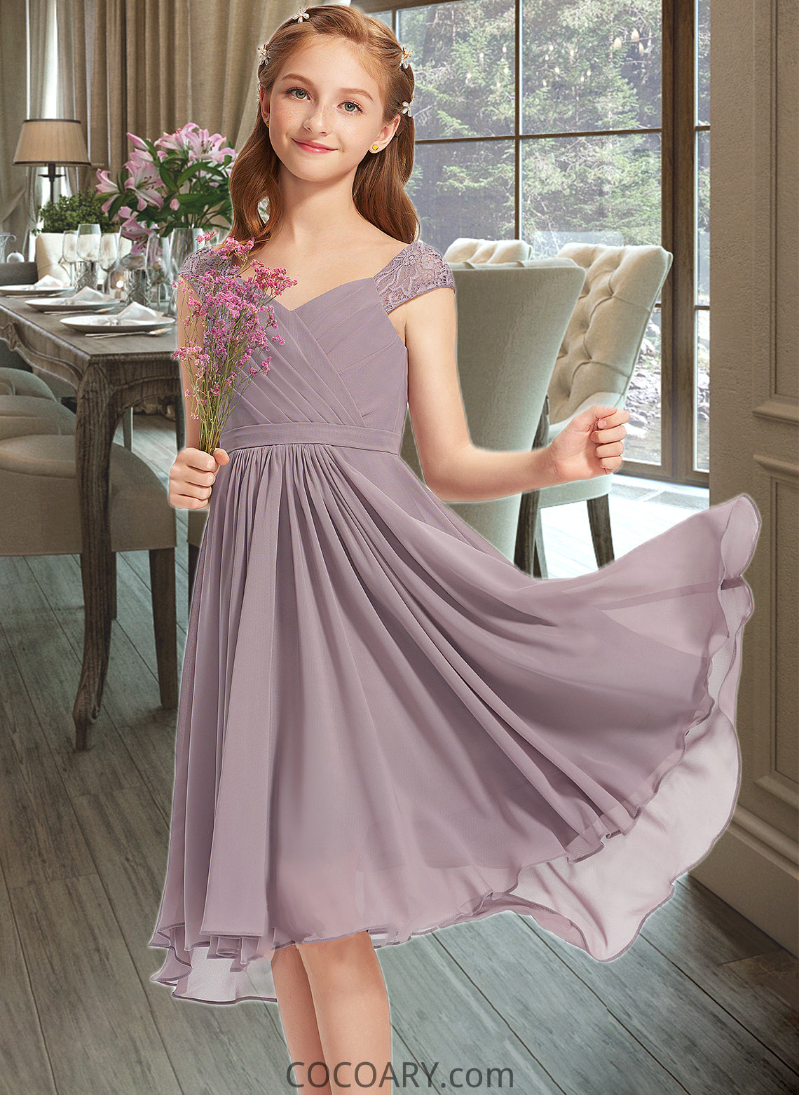 Danika A-Line V-neck Knee-Length Chiffon Lace Junior Bridesmaid Dress With Ruffle DA8P0013358