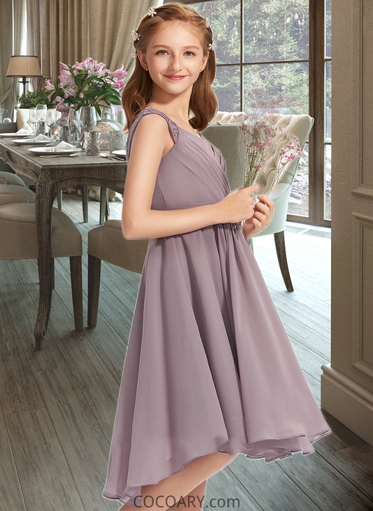 Danika A-Line V-neck Knee-Length Chiffon Lace Junior Bridesmaid Dress With Ruffle DA8P0013358