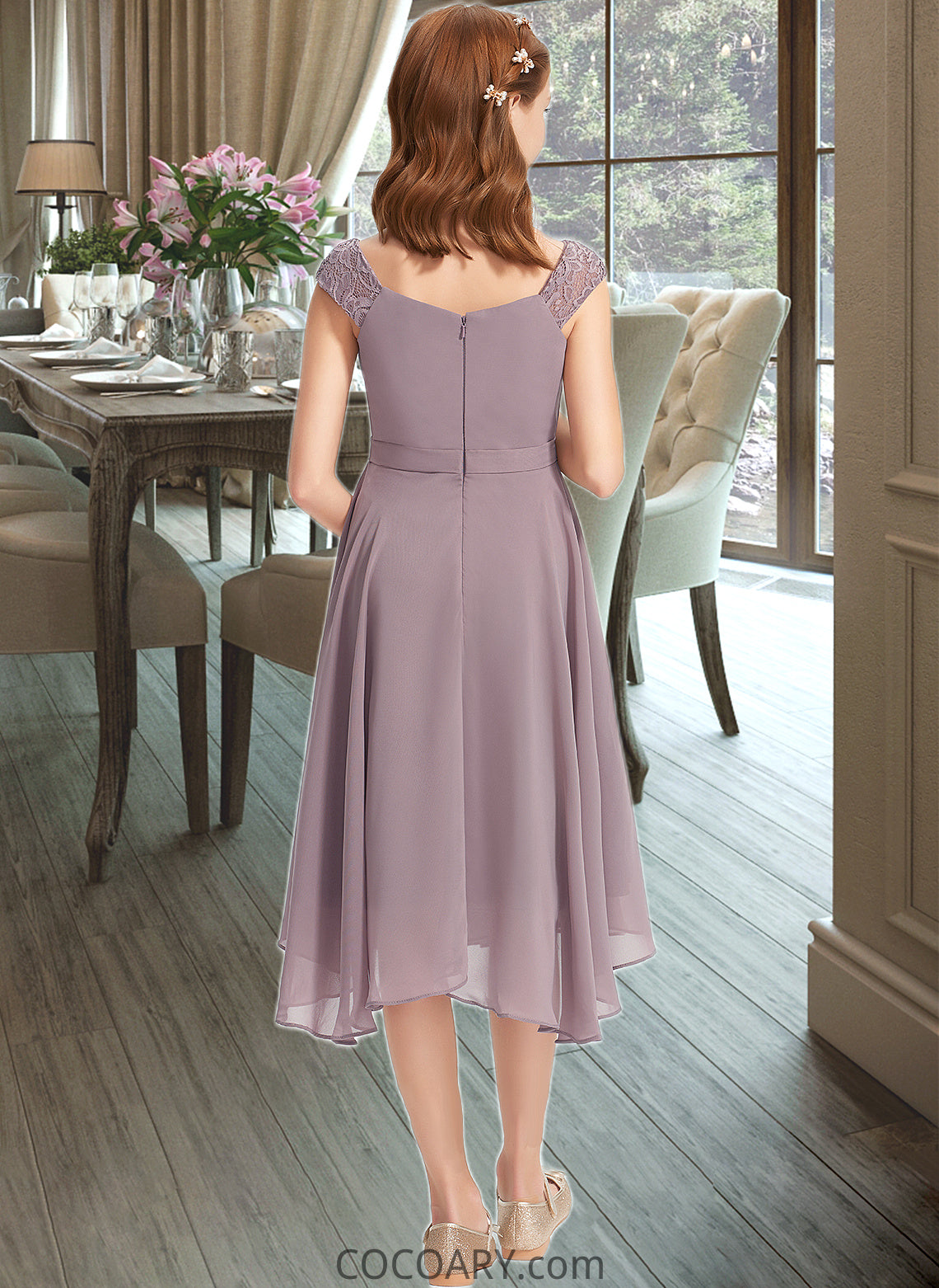 Danika A-Line V-neck Knee-Length Chiffon Lace Junior Bridesmaid Dress With Ruffle DA8P0013358