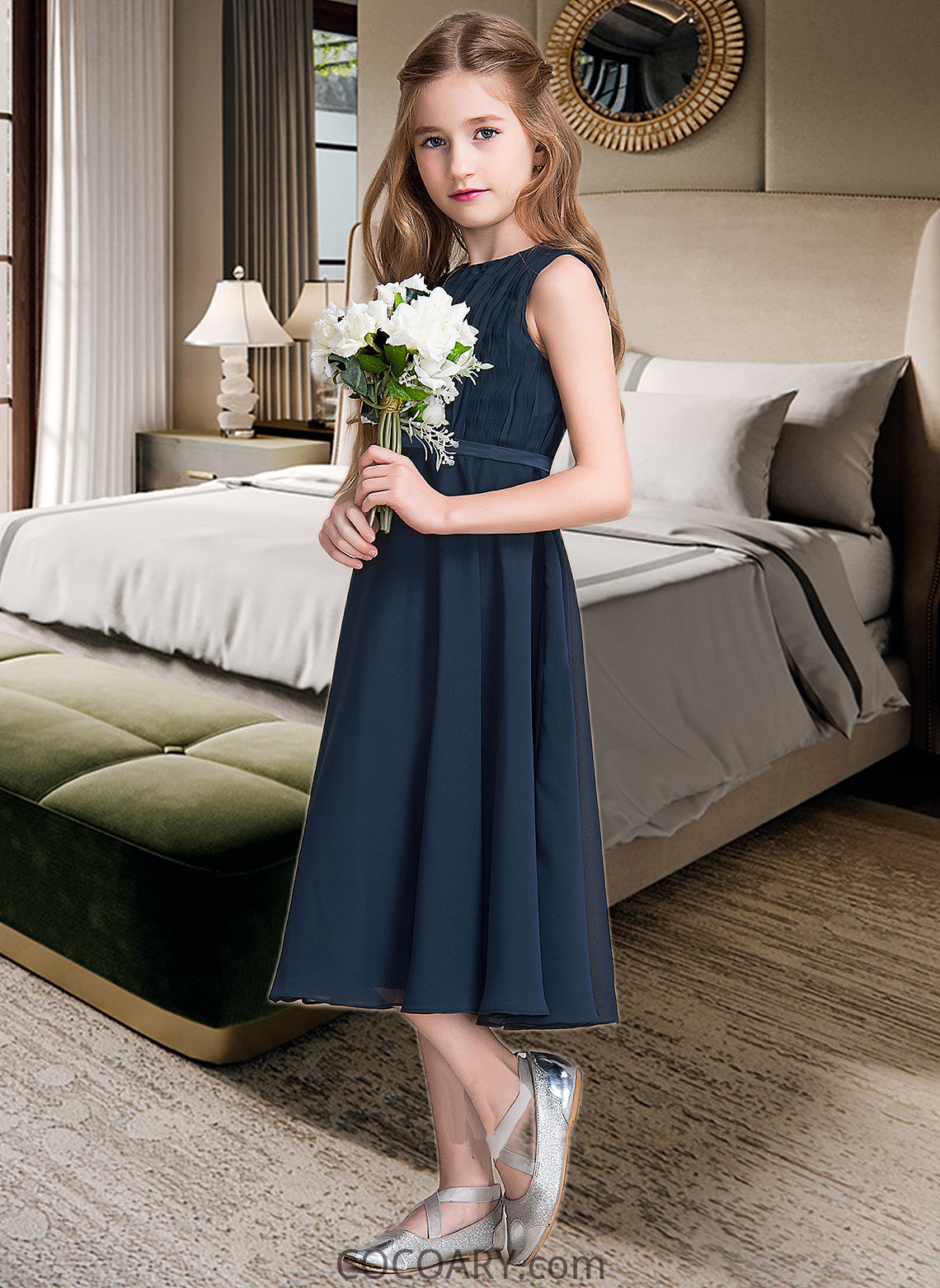 Mavis A-Line Scoop Neck Tea-Length Chiffon Junior Bridesmaid Dress With Ruffle DA8P0013362