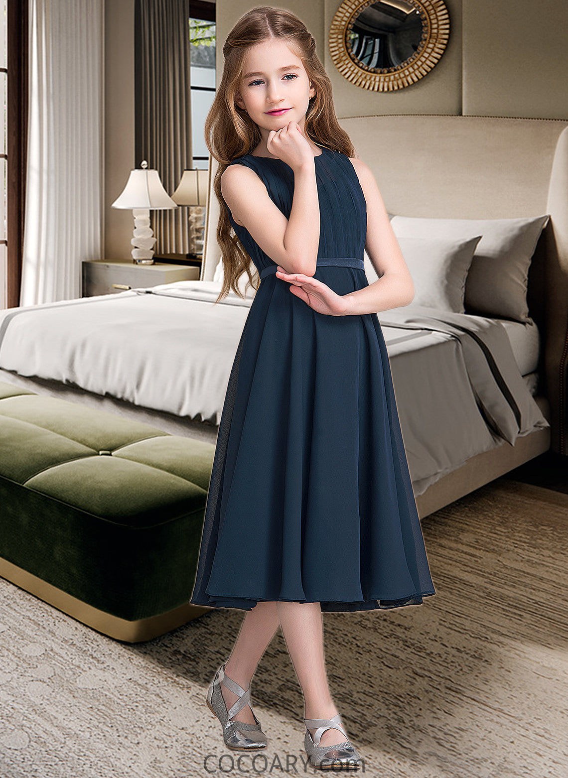 Mavis A-Line Scoop Neck Tea-Length Chiffon Junior Bridesmaid Dress With Ruffle DA8P0013362