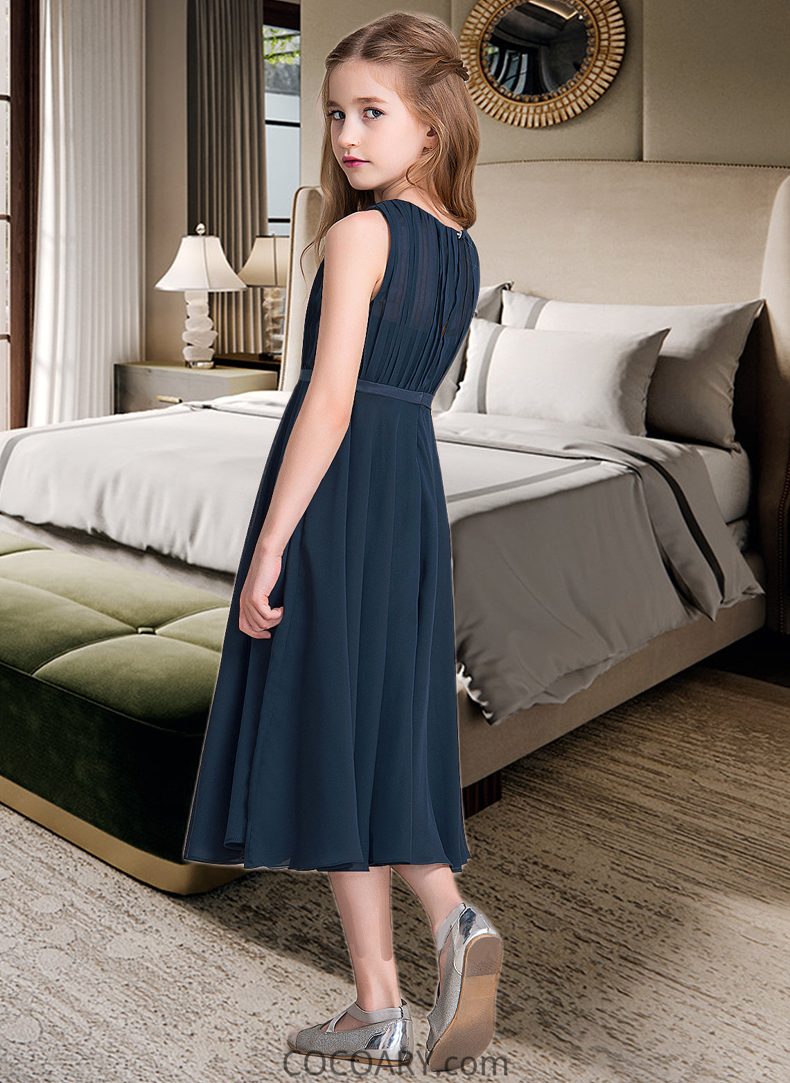 Mavis A-Line Scoop Neck Tea-Length Chiffon Junior Bridesmaid Dress With Ruffle DA8P0013362