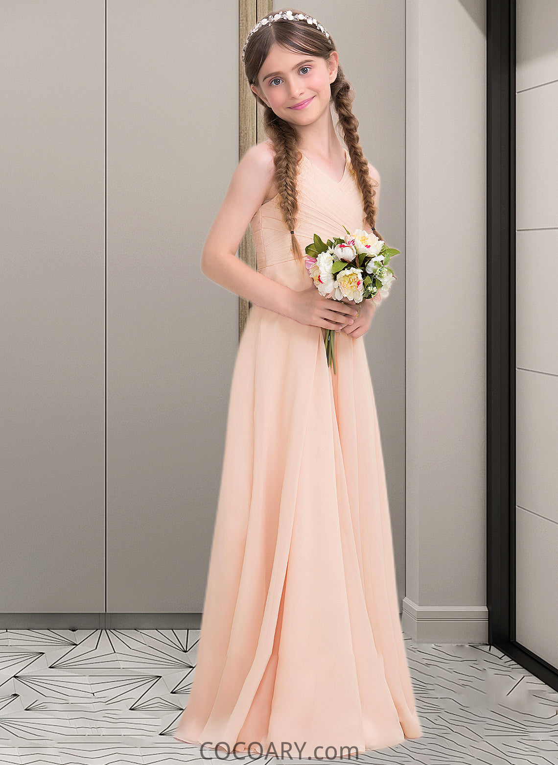 Ellie A-Line V-neck Floor-Length Chiffon Junior Bridesmaid Dress With Ruffle DA8P0013368