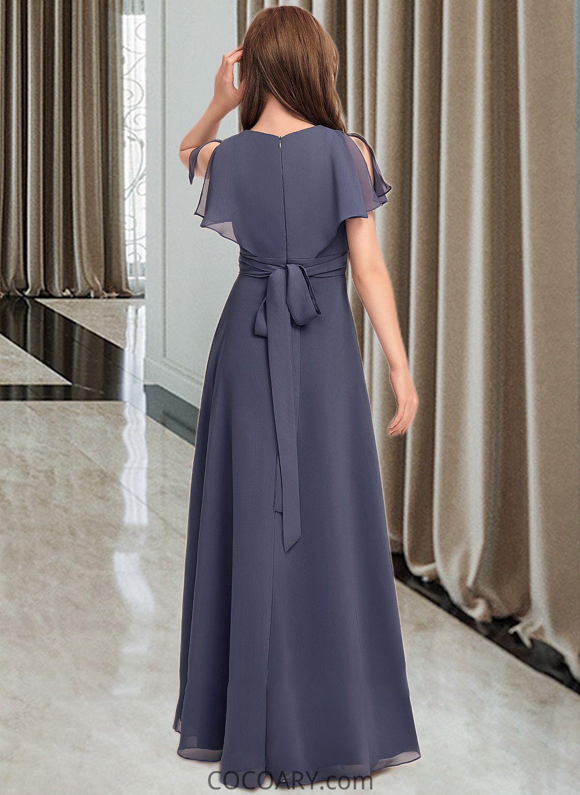 Marianna A-Line V-neck Floor-Length Chiffon Junior Bridesmaid Dress With Ruffle Bow(s) DA8P0013369