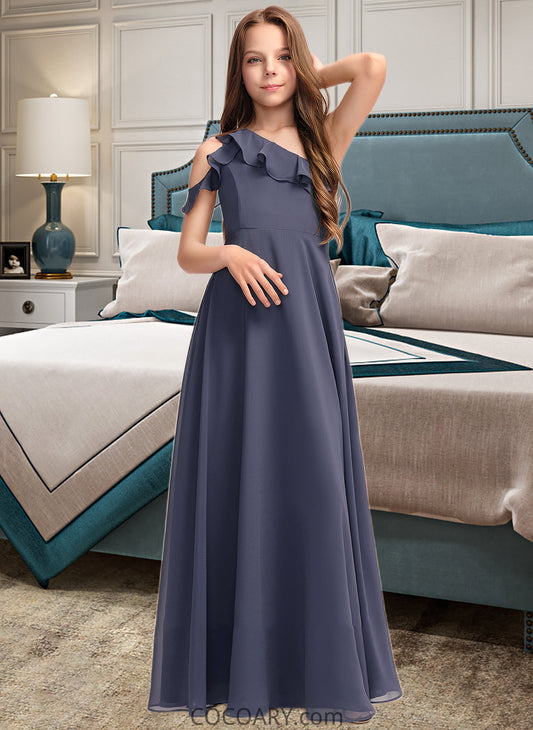 Jewel A-Line One-Shoulder Floor-Length Chiffon Junior Bridesmaid Dress With Cascading Ruffles DA8P0013370