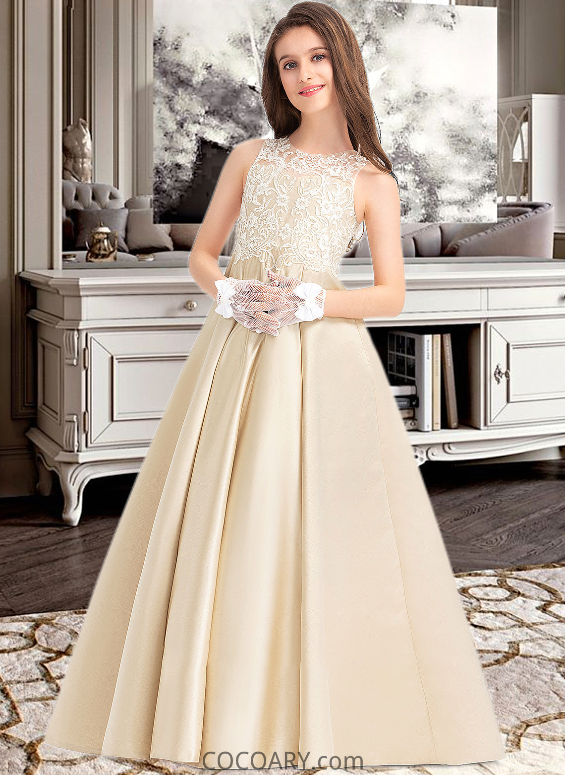 Janiah Ball-Gown/Princess Scoop Neck Floor-Length Satin Lace Junior Bridesmaid Dress DA8P0013374