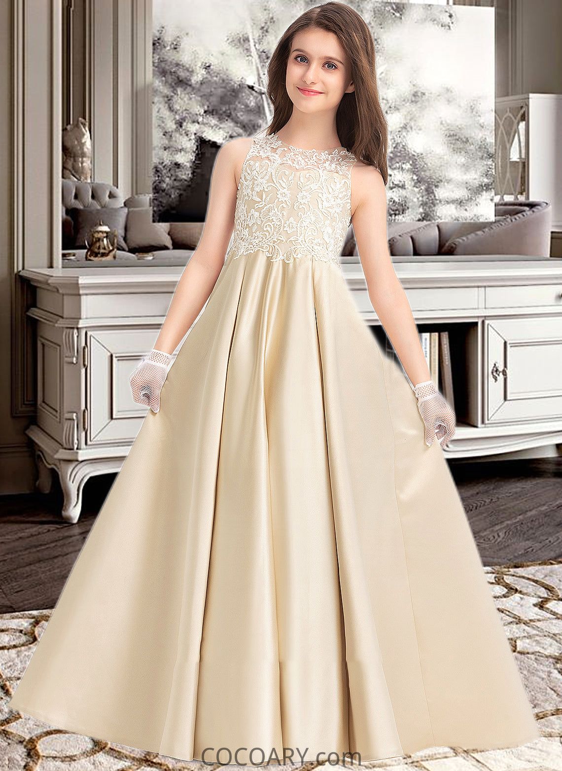 Janiah Ball-Gown/Princess Scoop Neck Floor-Length Satin Lace Junior Bridesmaid Dress DA8P0013374