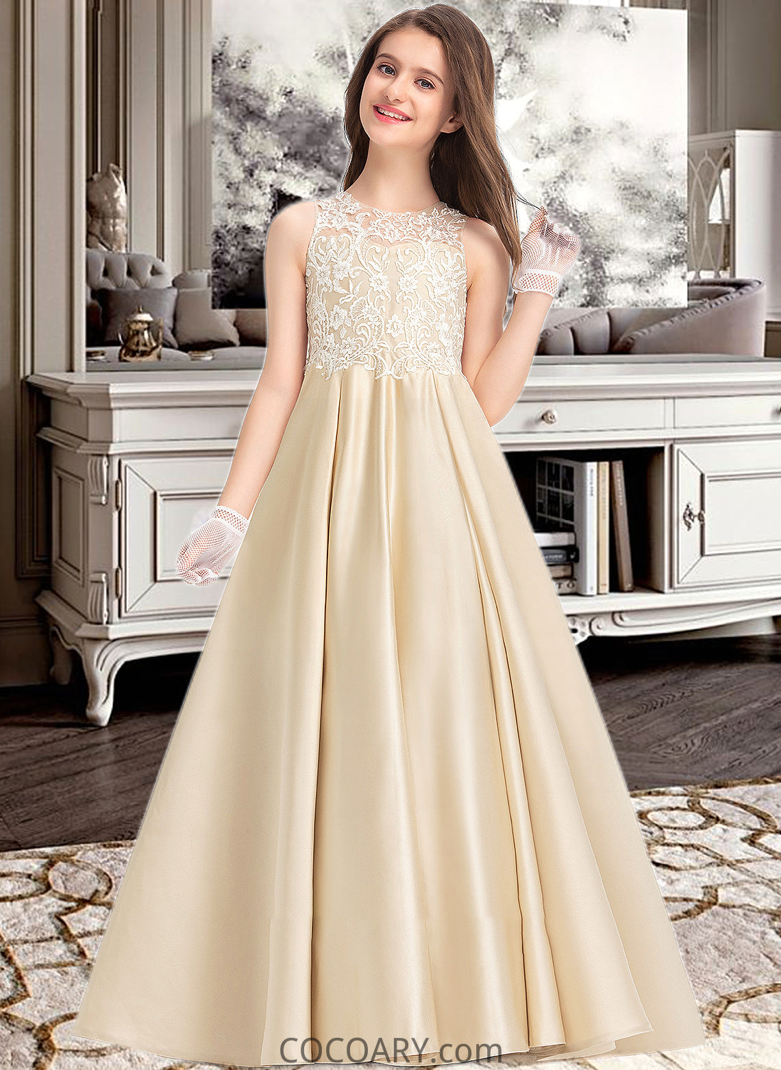 Janiah Ball-Gown/Princess Scoop Neck Floor-Length Satin Lace Junior Bridesmaid Dress DA8P0013374