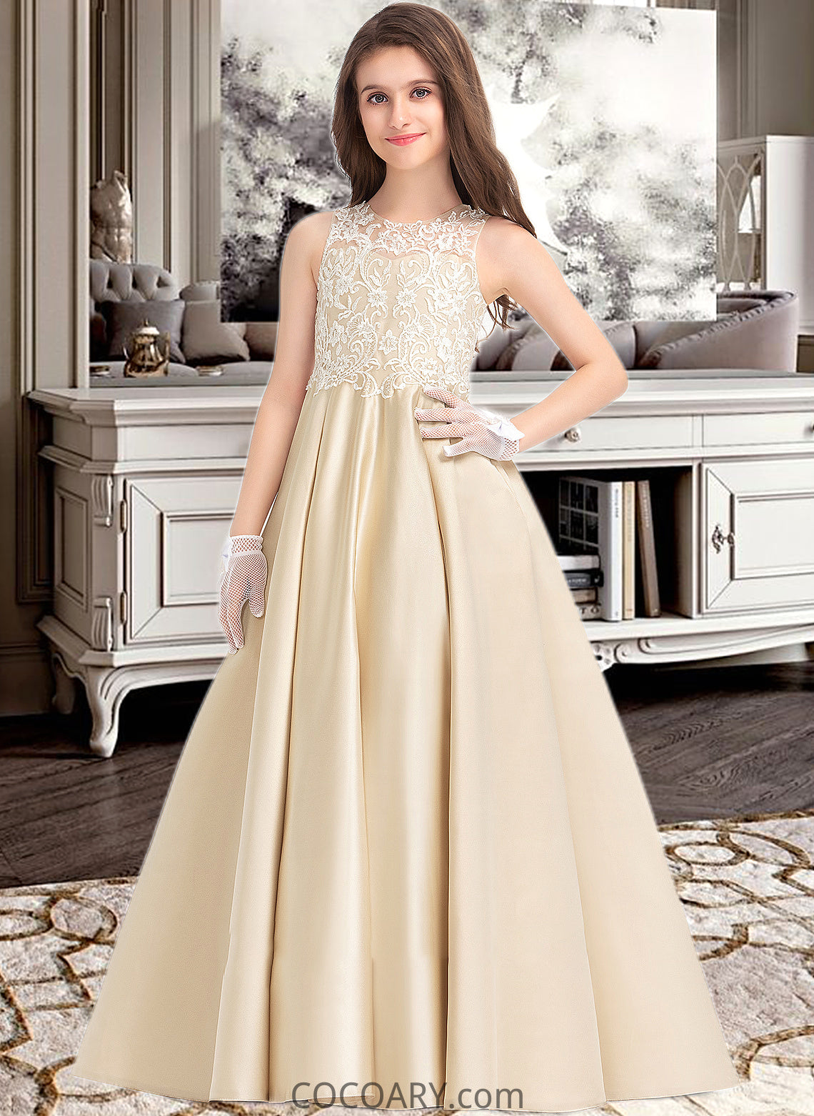 Janiah Ball-Gown/Princess Scoop Neck Floor-Length Satin Lace Junior Bridesmaid Dress DA8P0013374