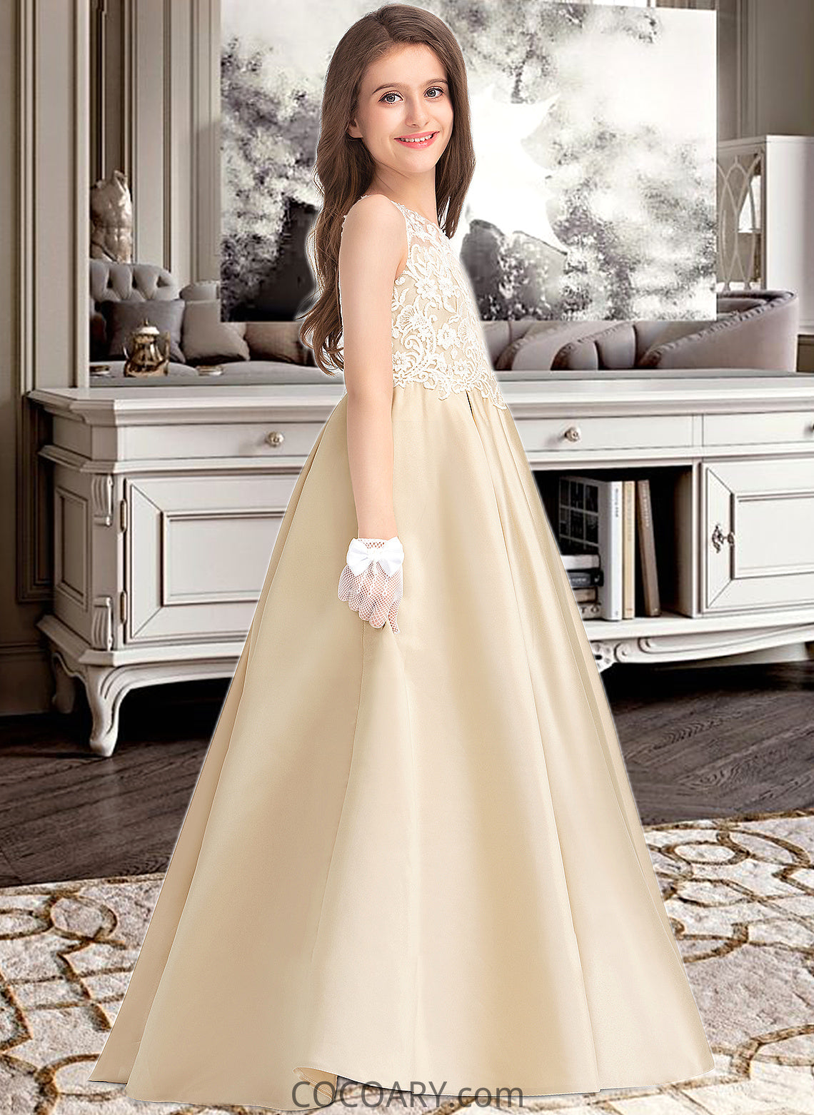 Janiah Ball-Gown/Princess Scoop Neck Floor-Length Satin Lace Junior Bridesmaid Dress DA8P0013374