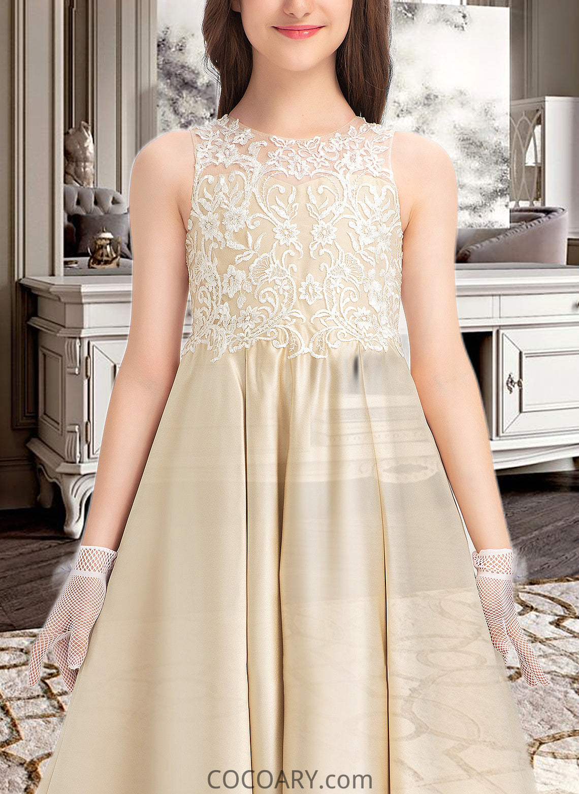 Janiah Ball-Gown/Princess Scoop Neck Floor-Length Satin Lace Junior Bridesmaid Dress DA8P0013374