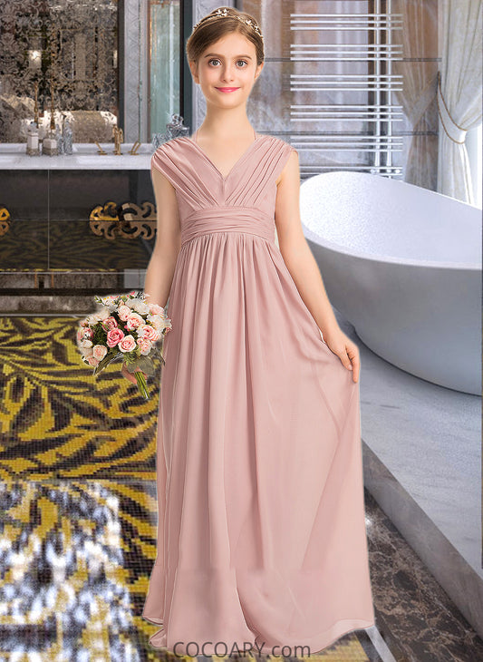 Marissa A-Line V-neck Floor-Length Chiffon Junior Bridesmaid Dress With Ruffle Bow(s) DA8P0013378