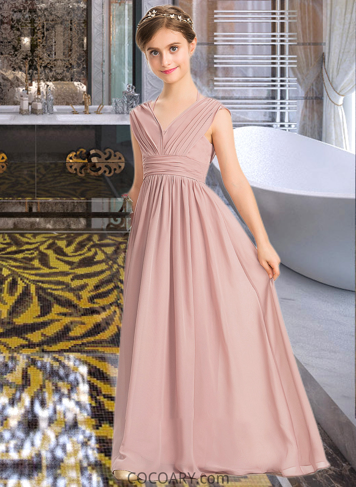 Marissa A-Line V-neck Floor-Length Chiffon Junior Bridesmaid Dress With Ruffle Bow(s) DA8P0013378