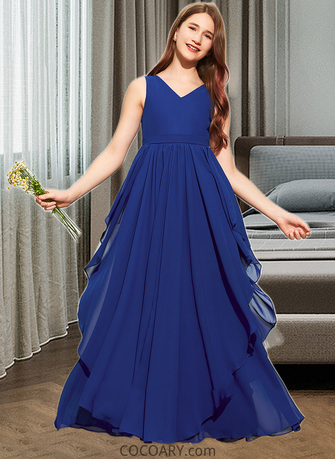 Jordyn A-Line V-neck Floor-Length Chiffon Junior Bridesmaid Dress With Cascading Ruffles DA8P0013381