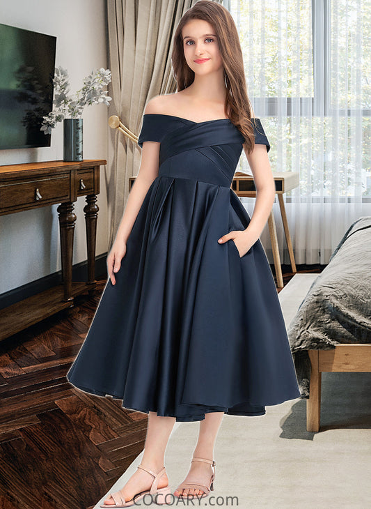 Maria A-Line Off-the-Shoulder Tea-Length Satin Junior Bridesmaid Dress With Ruffle Pockets DA8P0013383