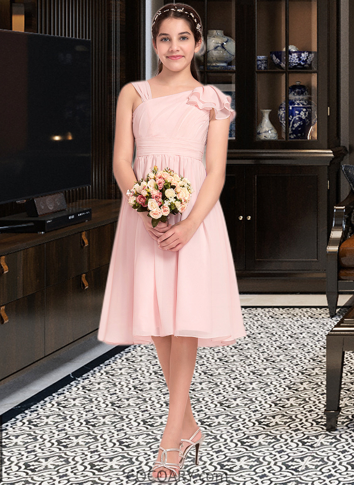 Jazmin A-Line V-neck Knee-Length Chiffon Junior Bridesmaid Dress With Cascading Ruffles DA8P0013386