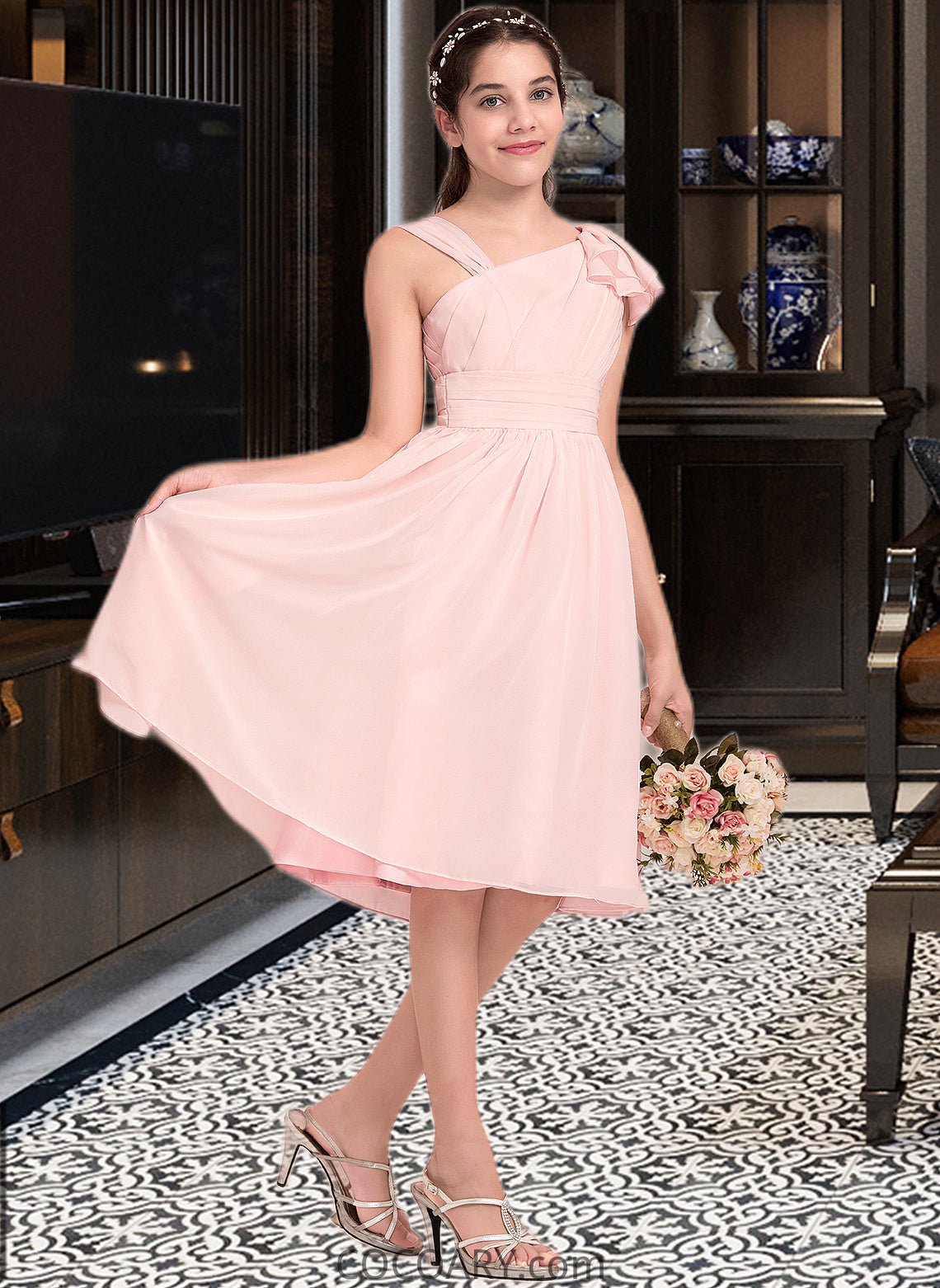 Jazmin A-Line V-neck Knee-Length Chiffon Junior Bridesmaid Dress With Cascading Ruffles DA8P0013386