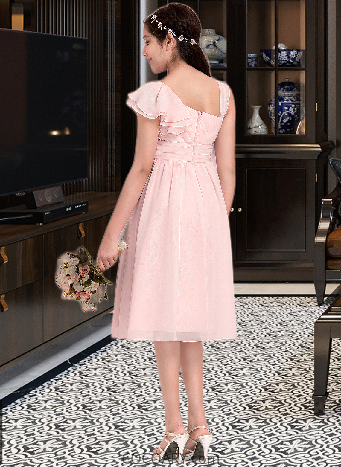 Jazmin A-Line V-neck Knee-Length Chiffon Junior Bridesmaid Dress With Cascading Ruffles DA8P0013386