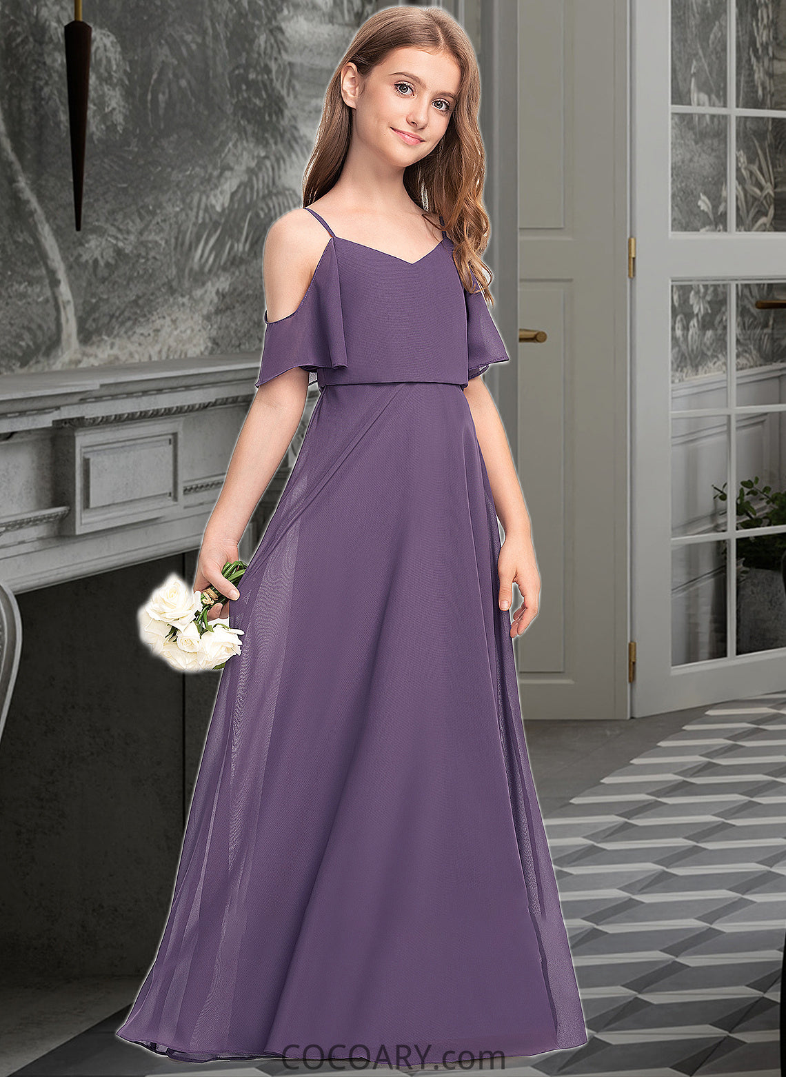 Skye A-Line V-neck Floor-Length Chiffon Junior Bridesmaid Dress DA8P0013390