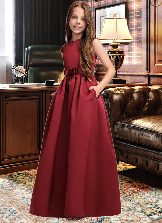 Jazlene A-Line Scoop Neck Floor-Length Satin Junior Bridesmaid Dress With Bow(s) Pockets DA8P0013391