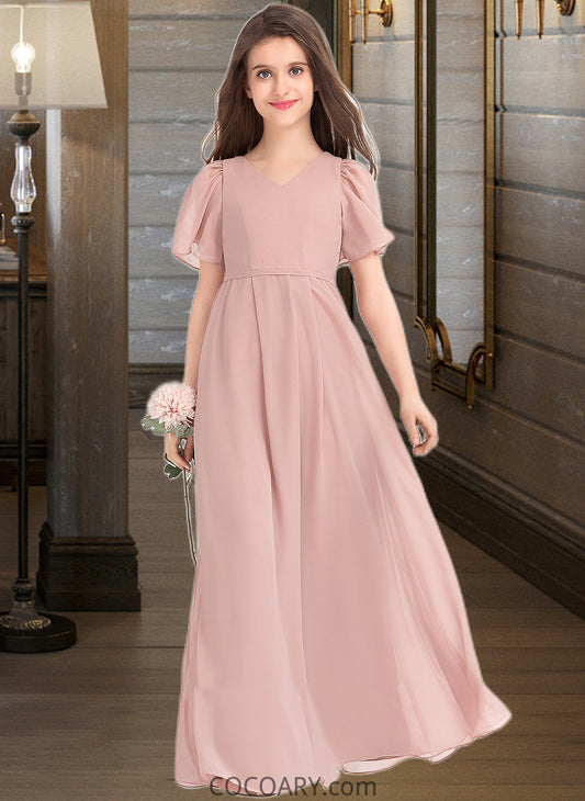 Carla A-Line V-neck Floor-Length Chiffon Junior Bridesmaid Dress With Bow(s) DA8P0013399