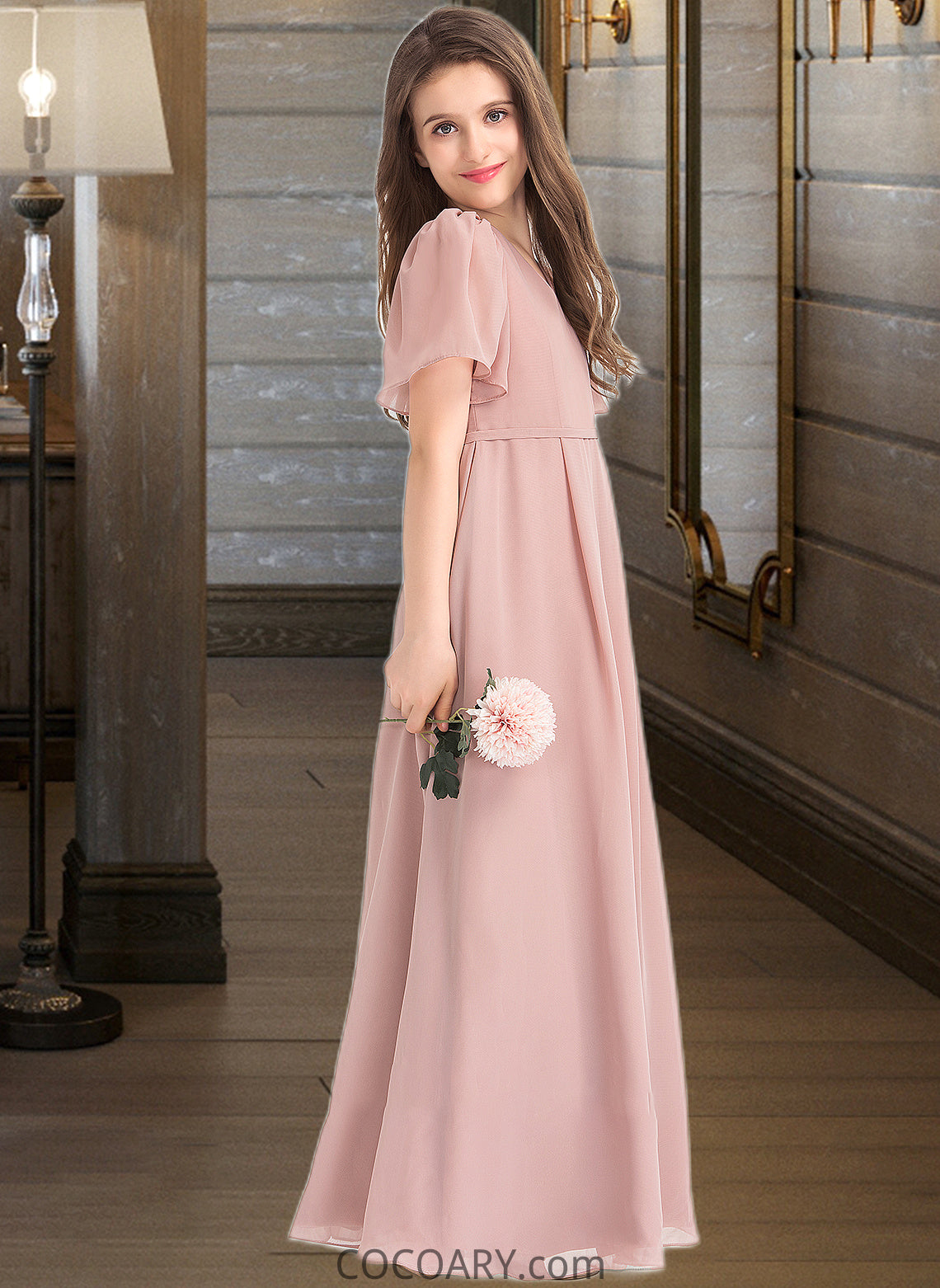 Carla A-Line V-neck Floor-Length Chiffon Junior Bridesmaid Dress With Bow(s) DA8P0013399