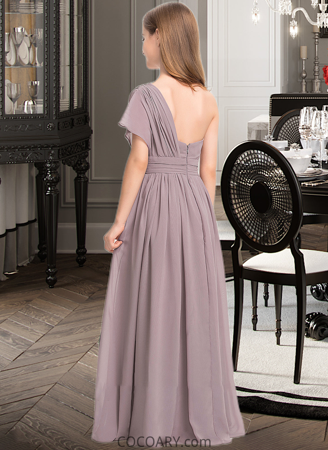 Poll A-Line One-Shoulder Floor-Length Chiffon Junior Bridesmaid Dress With Ruffle DA8P0013400