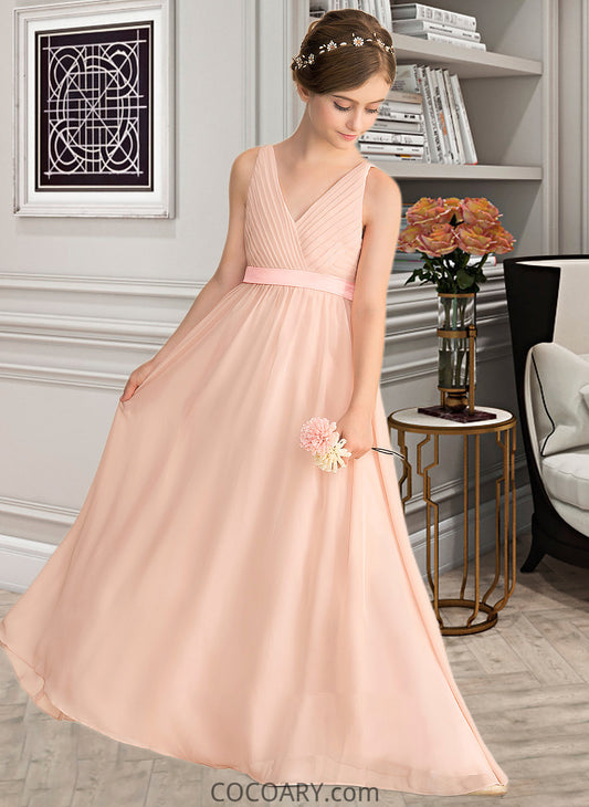 Cloe A-Line V-neck Floor-Length Chiffon Junior Bridesmaid Dress With Ruffle Bow(s) DA8P0013402