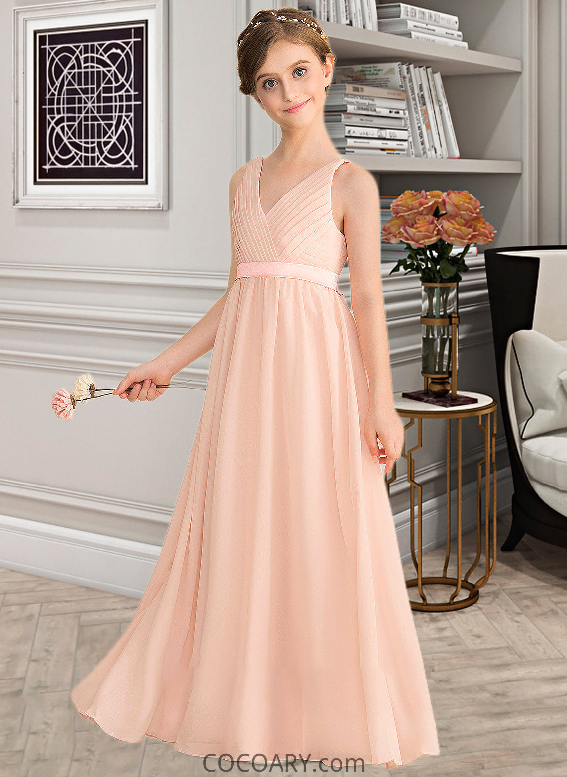 Cloe A-Line V-neck Floor-Length Chiffon Junior Bridesmaid Dress With Ruffle Bow(s) DA8P0013402